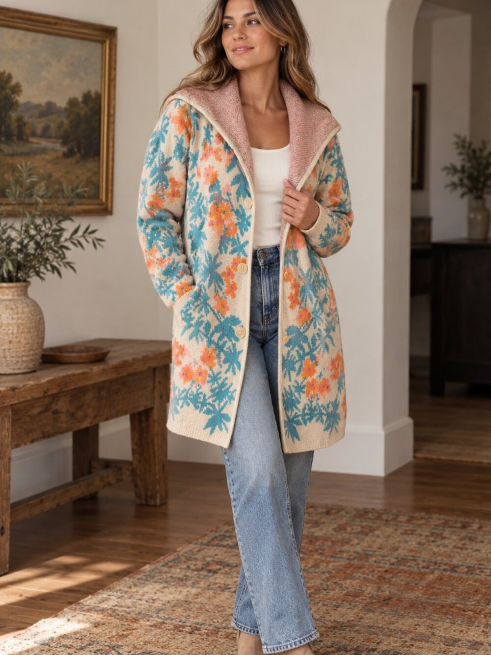Sundance Floral Jacquard Knit Long Cardigan Sweater Coat Multicolor Size Medium